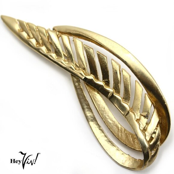 Vintage Curved Gold Leaf Shaped Pin - 3" Long w Cutout Design - Hey Viv - Picture 3 of 5